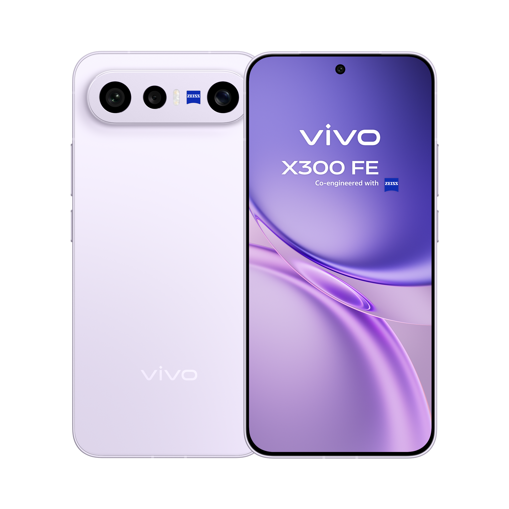 Un smartphone Vivo X300 FE morado claro, vistas frontal y trasera una al lado de la otra.