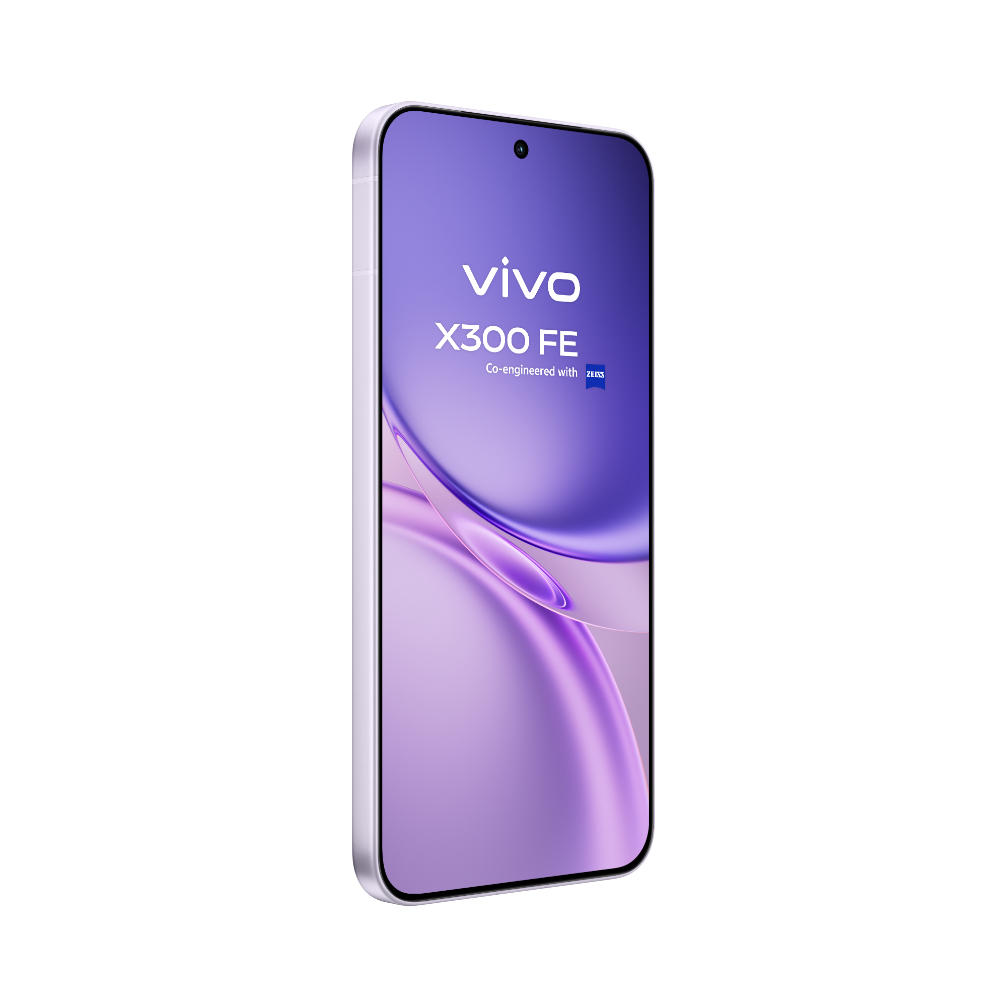 Un smartphone plateado Vivo X300 FE con pantalla morada muestra el logo de Vivo.