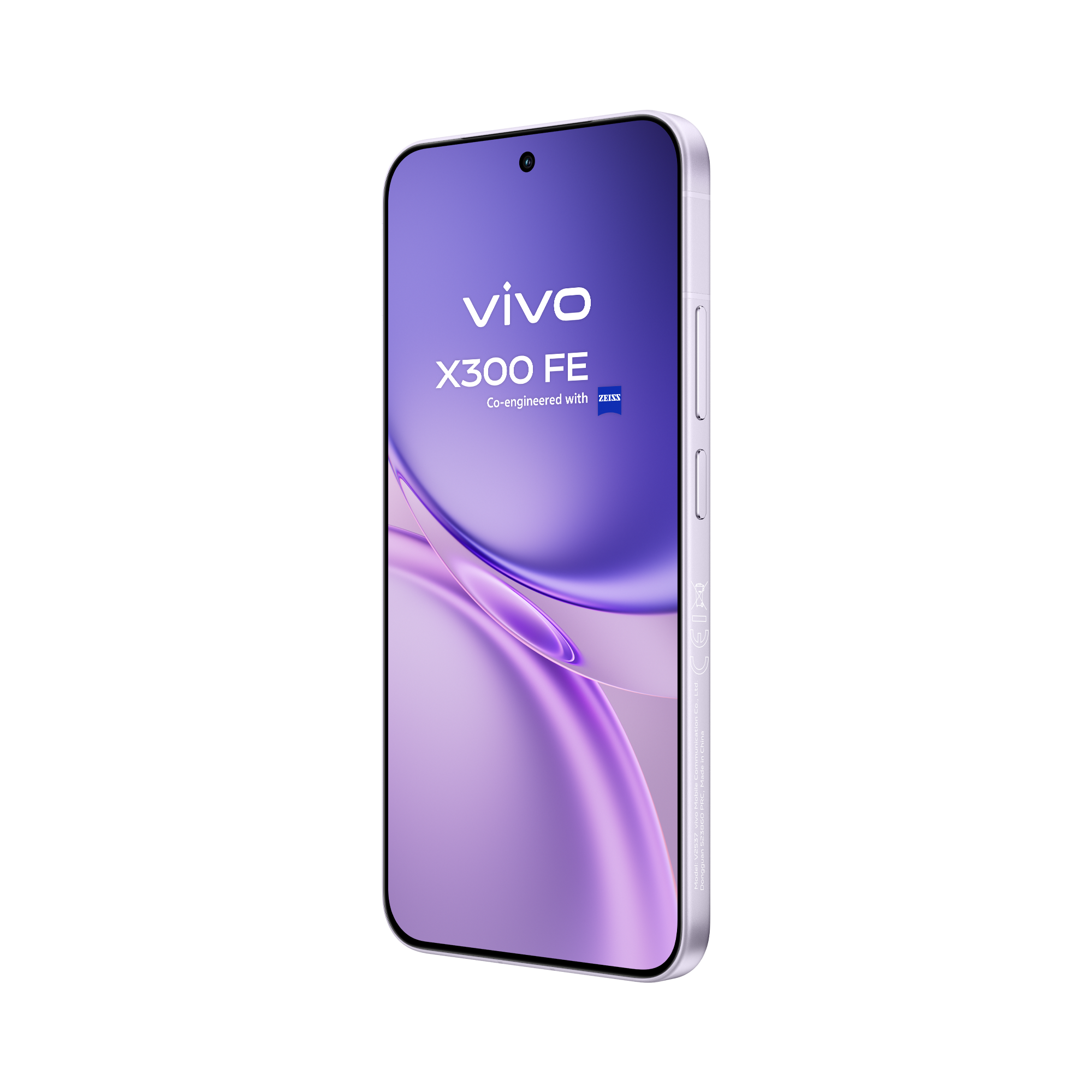 Teléfono Vivo X300 FE plateado con pantalla púrpura, aislado en negro.