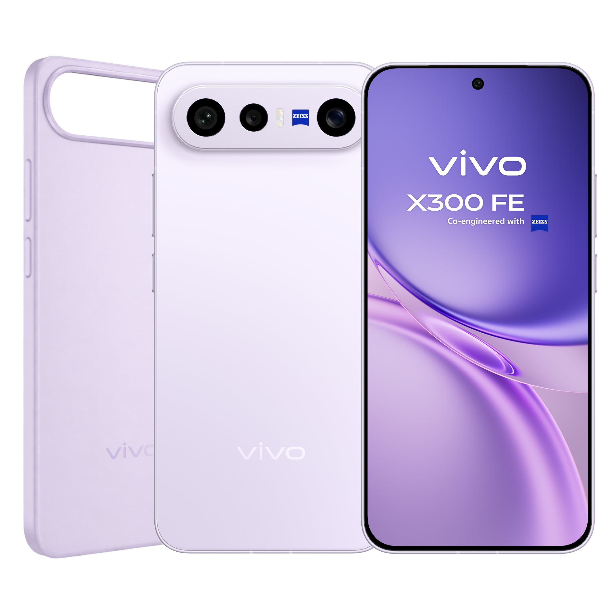 Un smartphone morado con tres cámaras y un logo ZEISS.