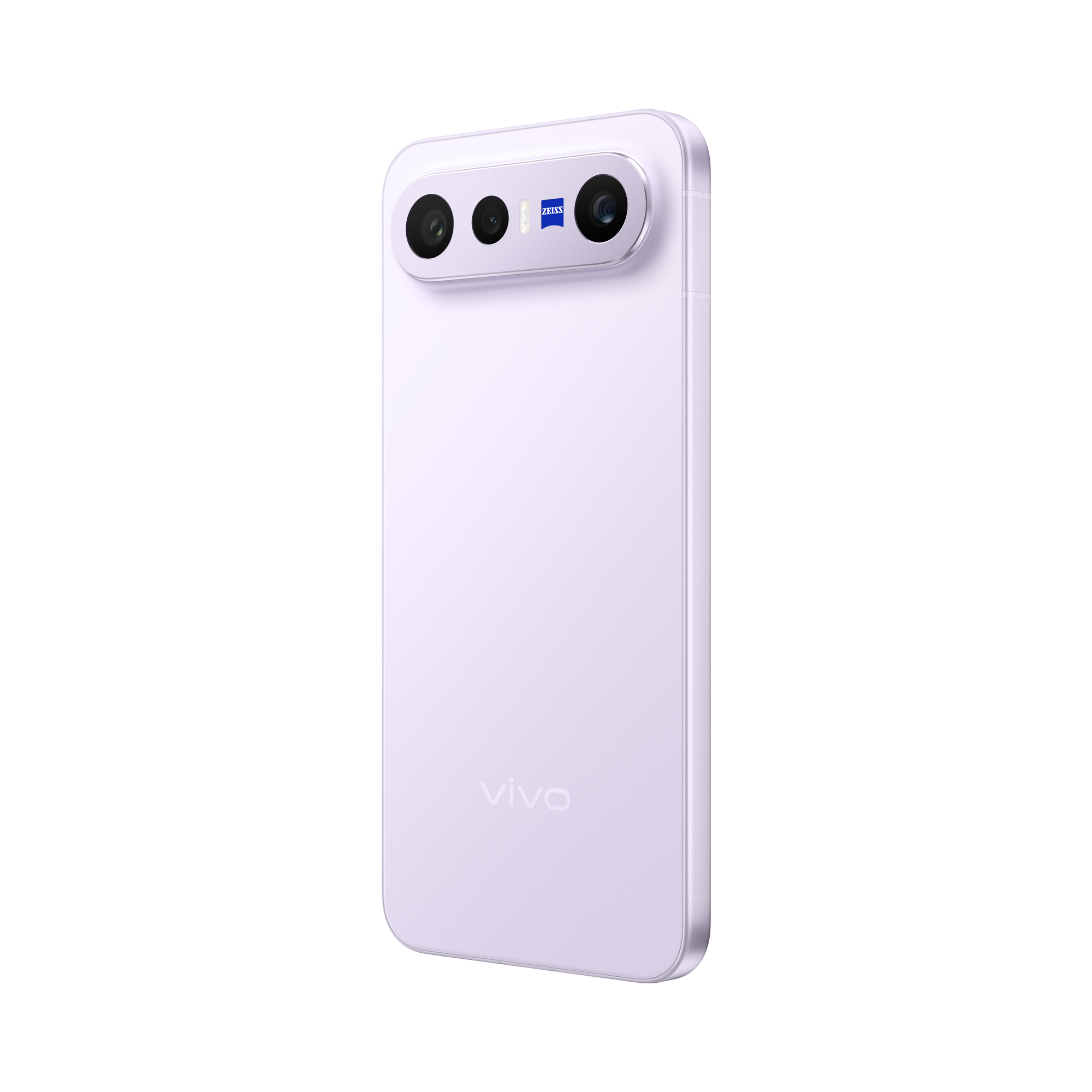 Un smartphone morado con tres cámaras y el logo de Zeiss.