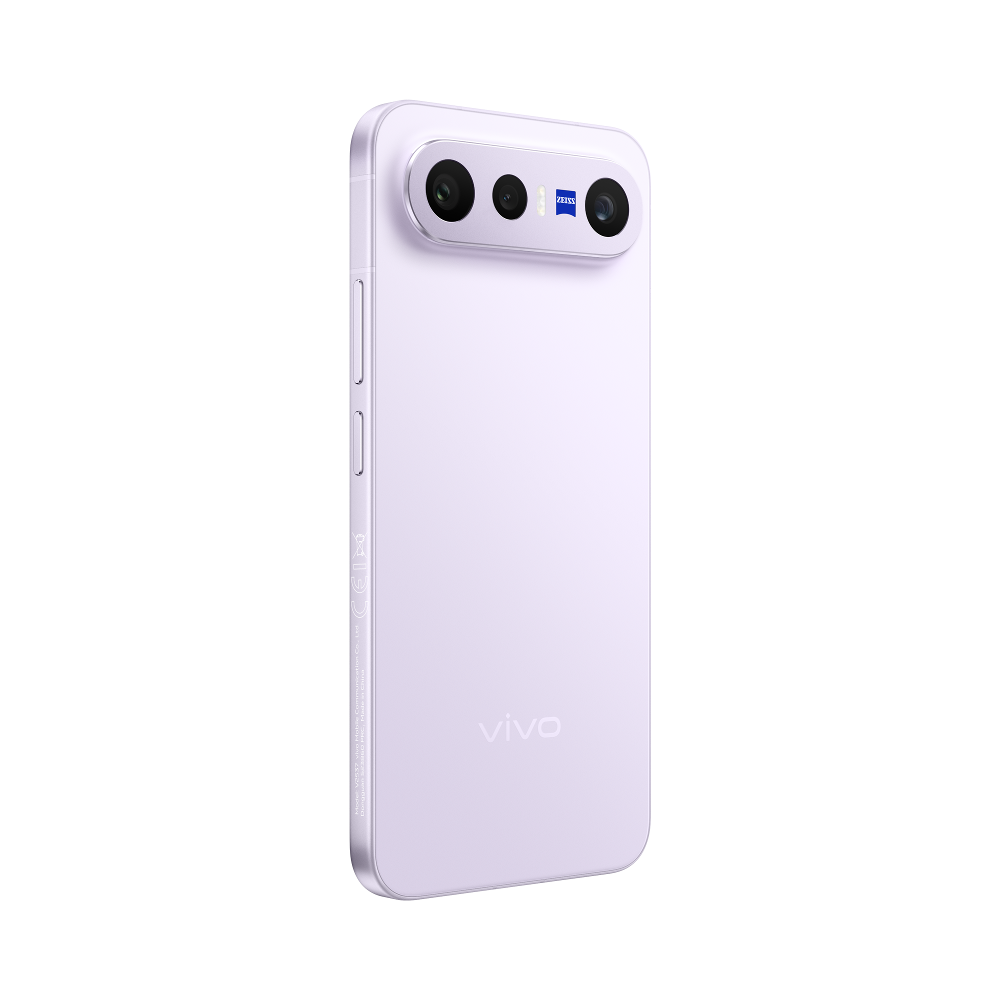 Un smartphone lila claro con sistema de triple cámara y logo Zeiss.
