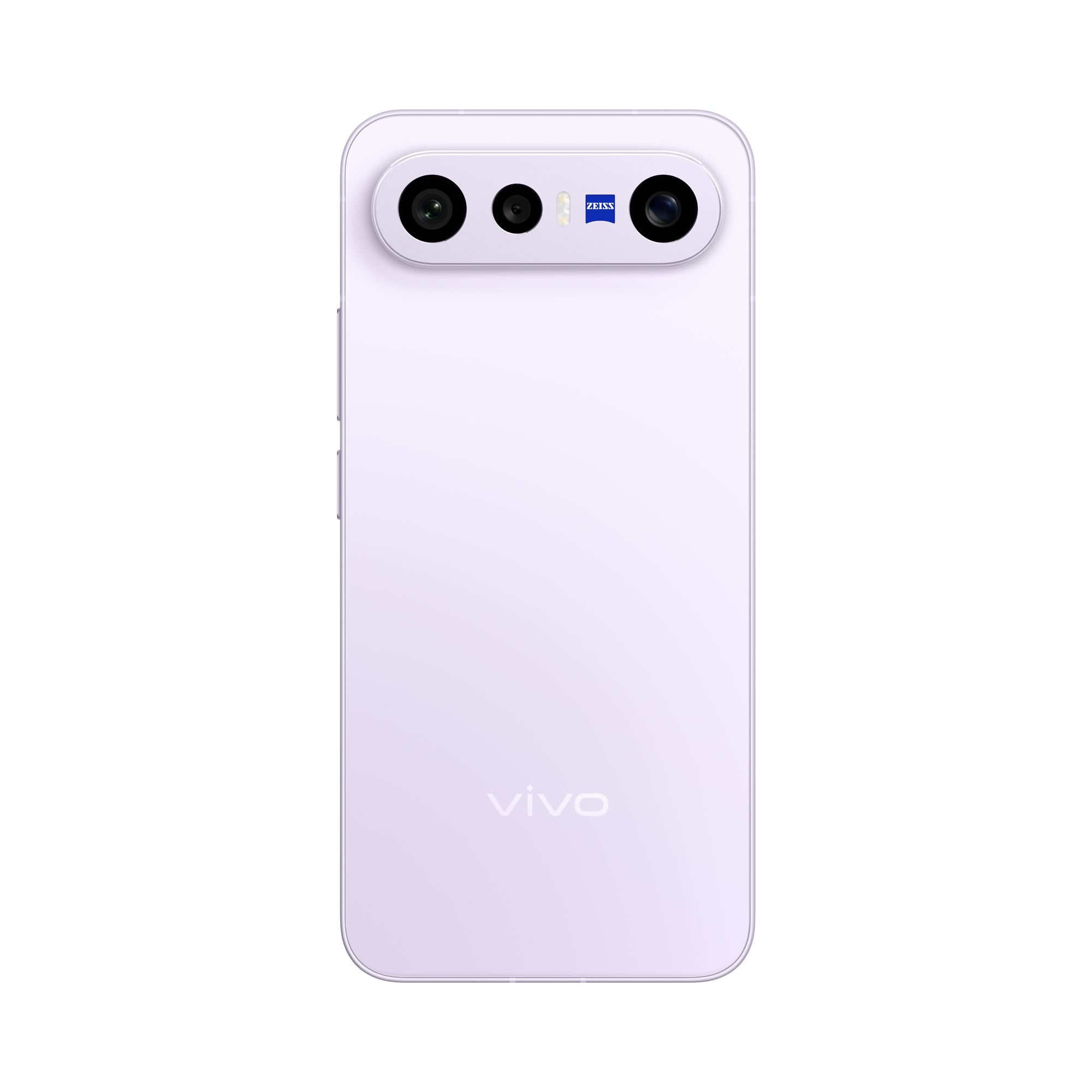 Parte trasera de un smartphone lila claro con tres cámaras y logo Zeiss.