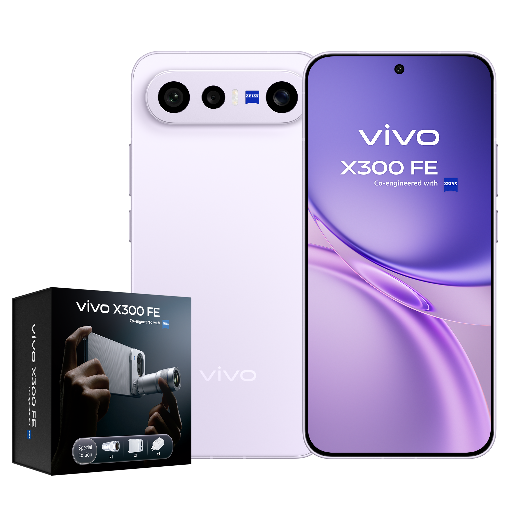 Un smartphone Vivo X300 FE morado con lente de cámara y embalaje.