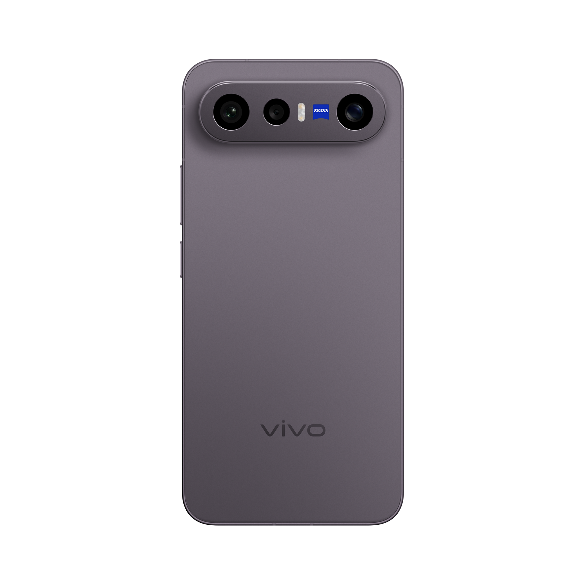 Parte trasera de un smartphone gris con tres cámaras y logo Zeiss.