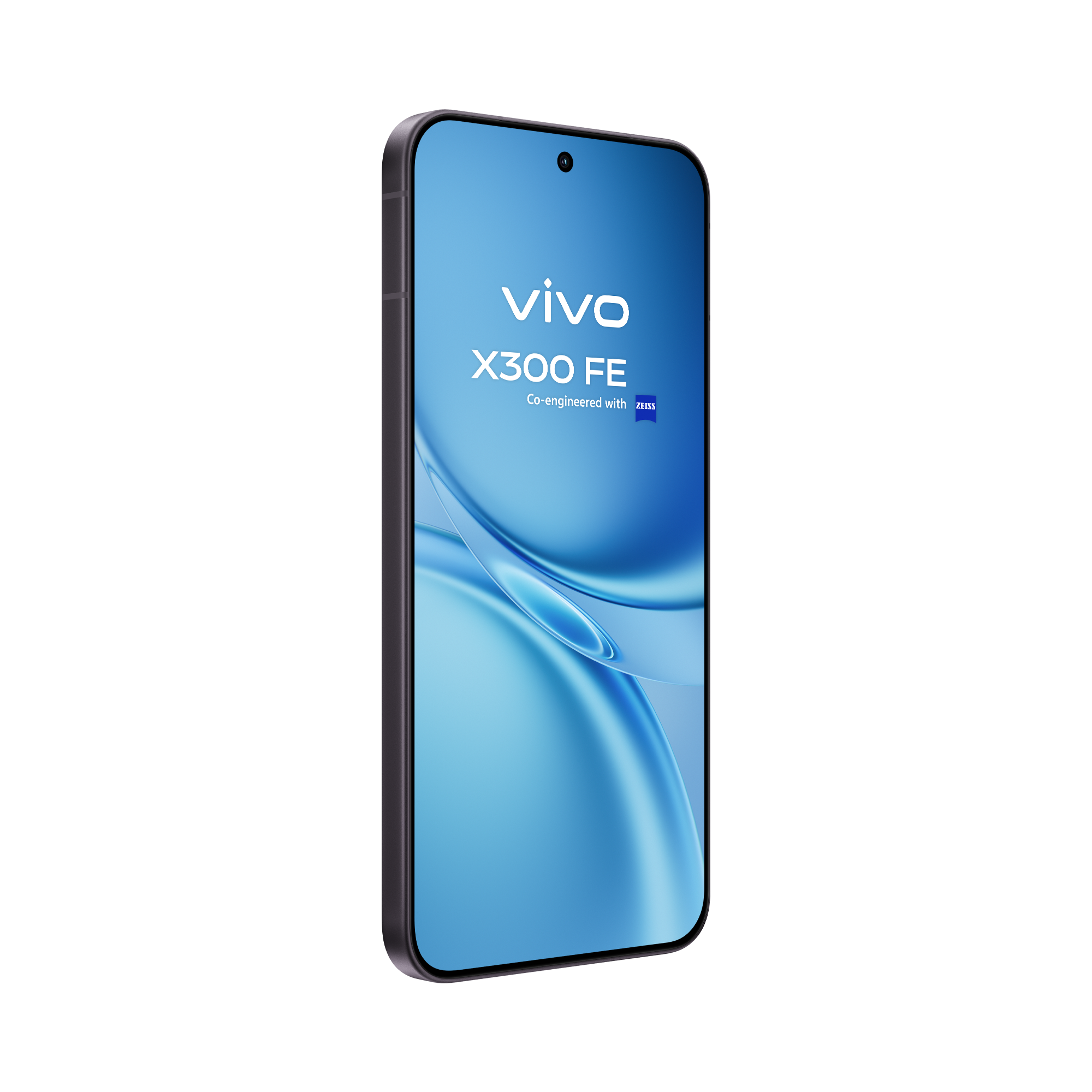Un smartphone oscuro con fondo azul que muestra Vivo X300 FE.