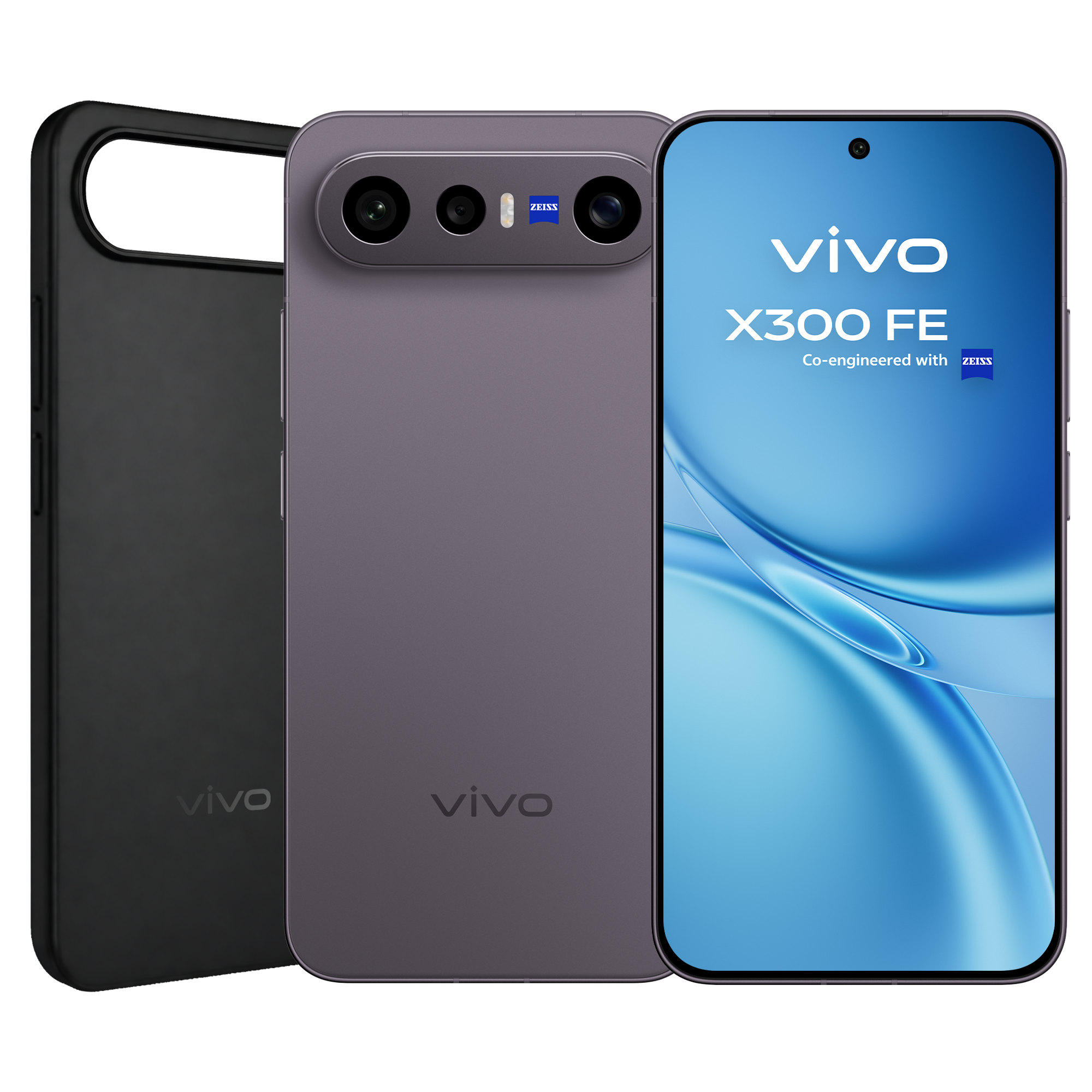 Tres smartphones Vivo: negro, gris con cámara, frontal con pantalla azul.