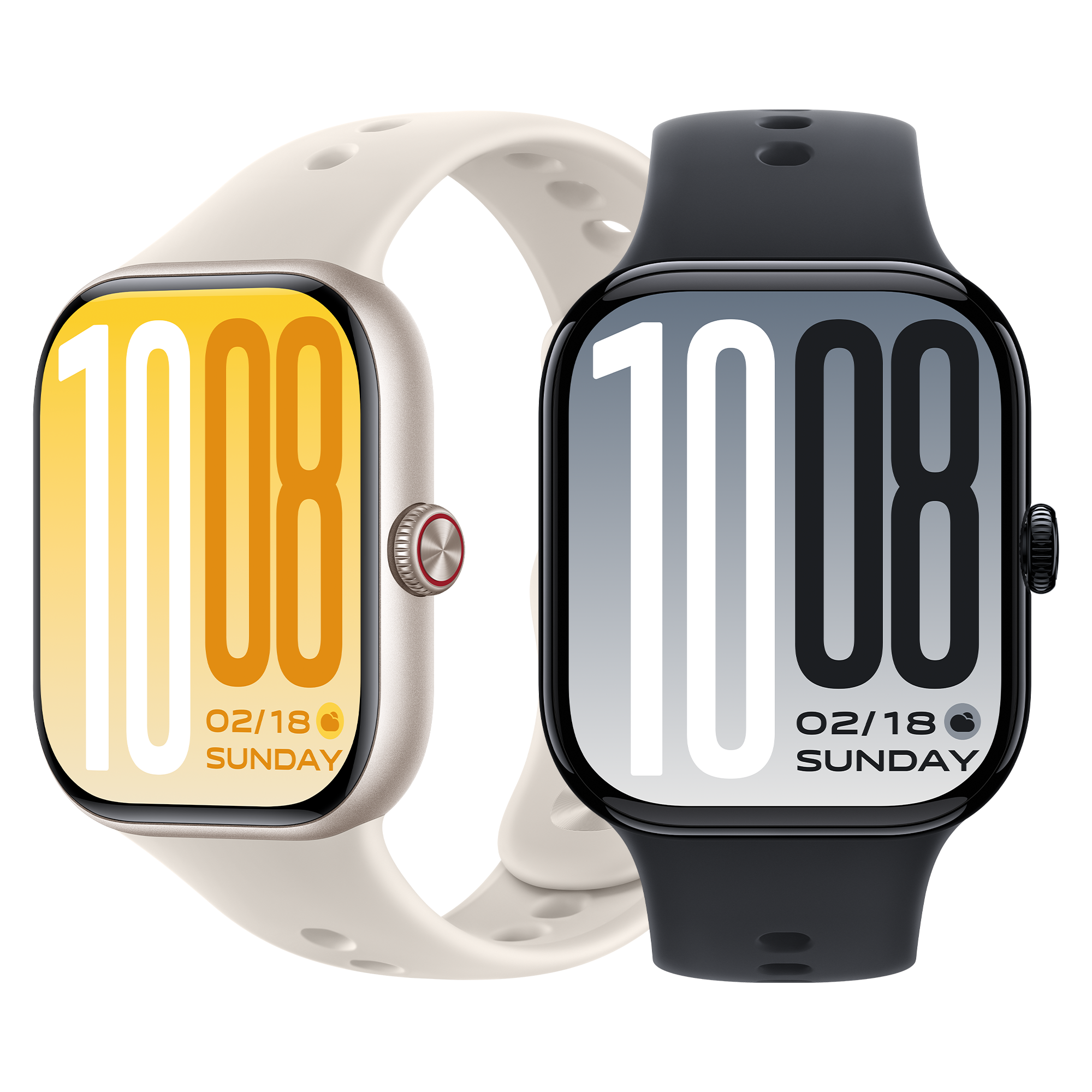 Dos smartwatches una al lado de la otra. Una con correa clara y pantalla amarilla, la otra con correa oscura y pantalla gris.