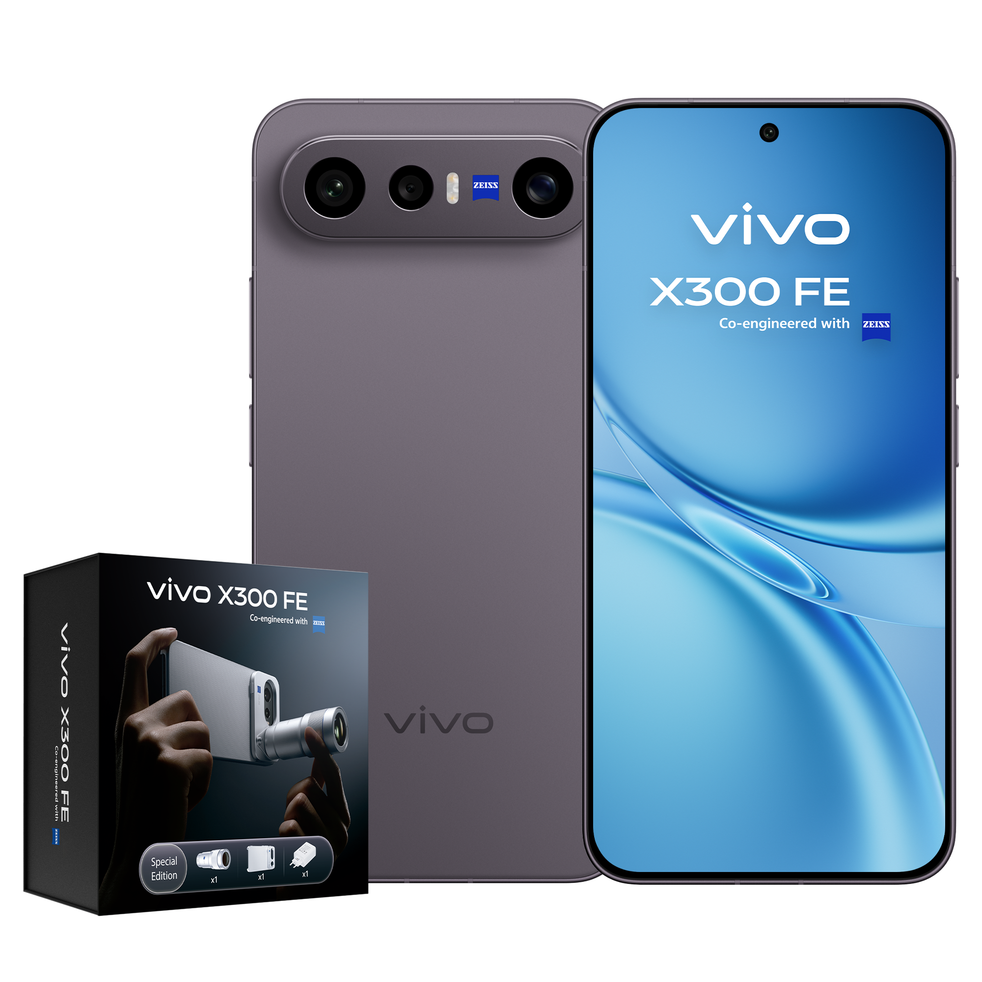 Teléfono y caja Vivo X300 FE. El teléfono tiene 3 cámaras traseras. La caja muestra accesorios.