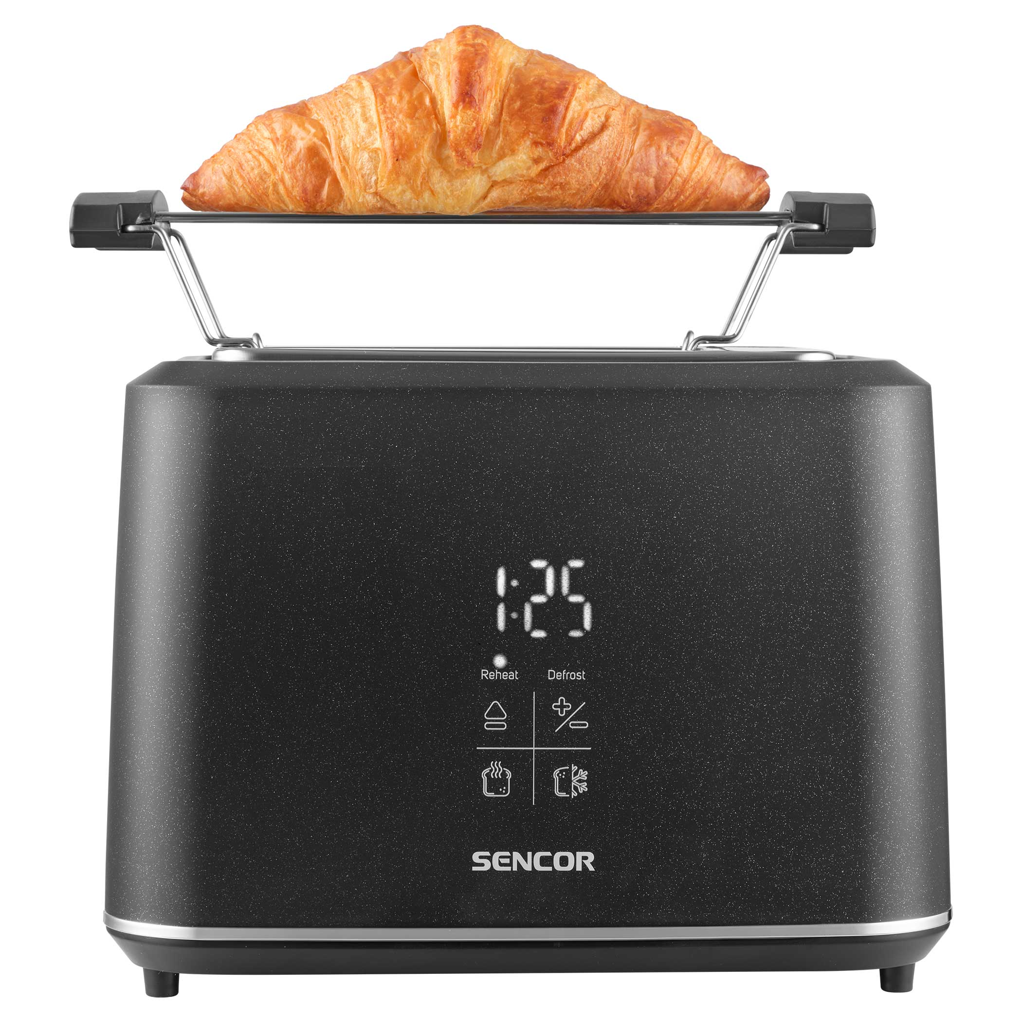 Fekete kenyérpirító arany croissanttal a tetején. Digitális kijelző mutatja: 1:25.