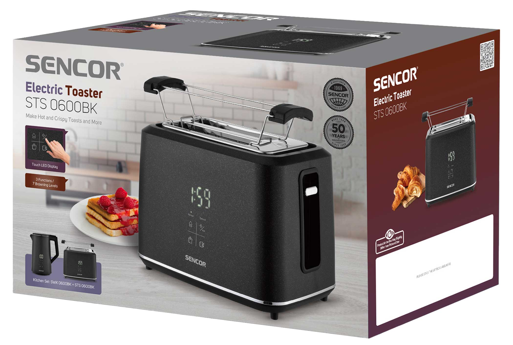 Fekete SENCOR STS 0600BK kenyérpirító csomagoláson, pirítóssal és croissanttal.
