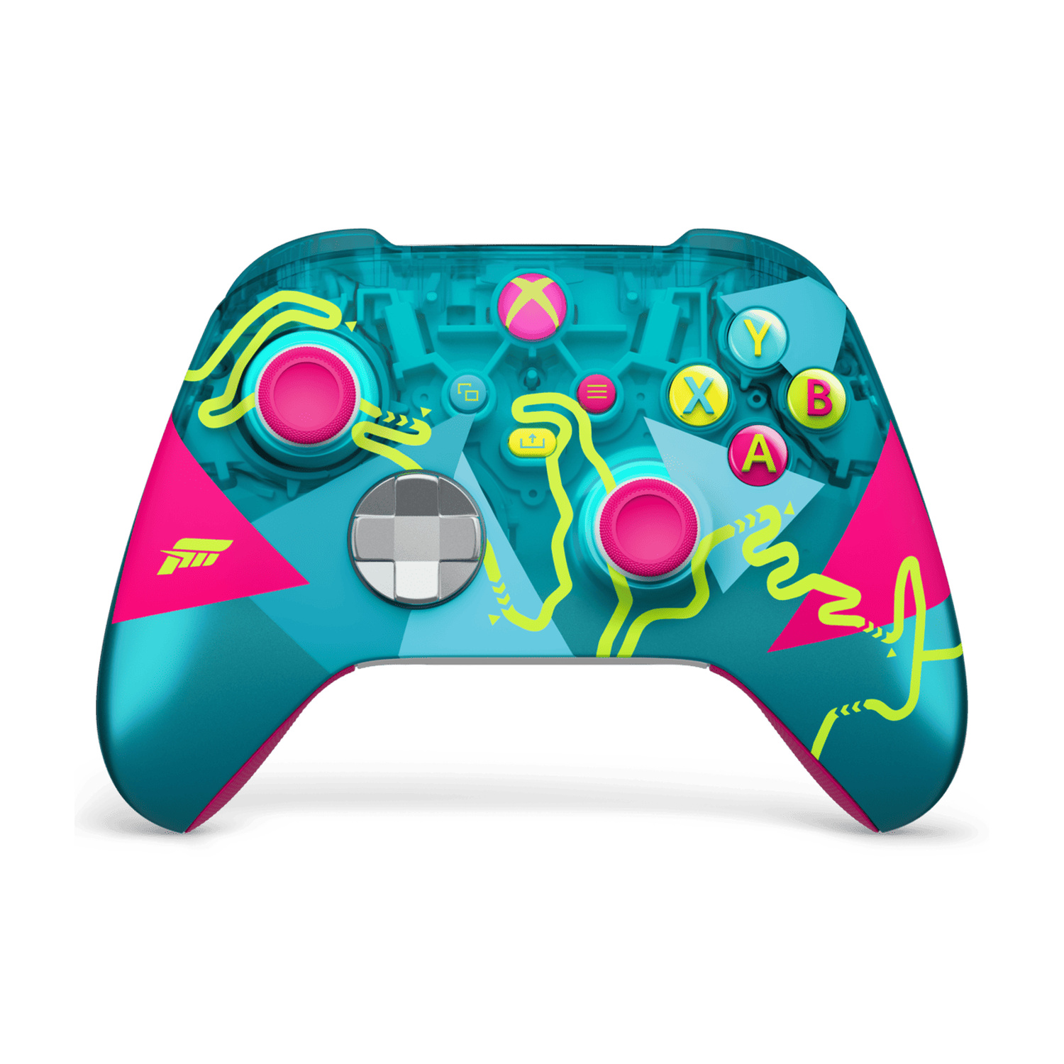 Un controller color verde acqua con accenti rosa e gialli. Motivo pista da corsa.