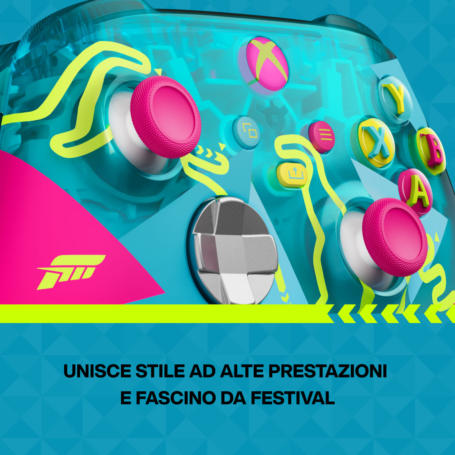 Un controller blu trasparente con accenti rosa e gialli e logo Forza.