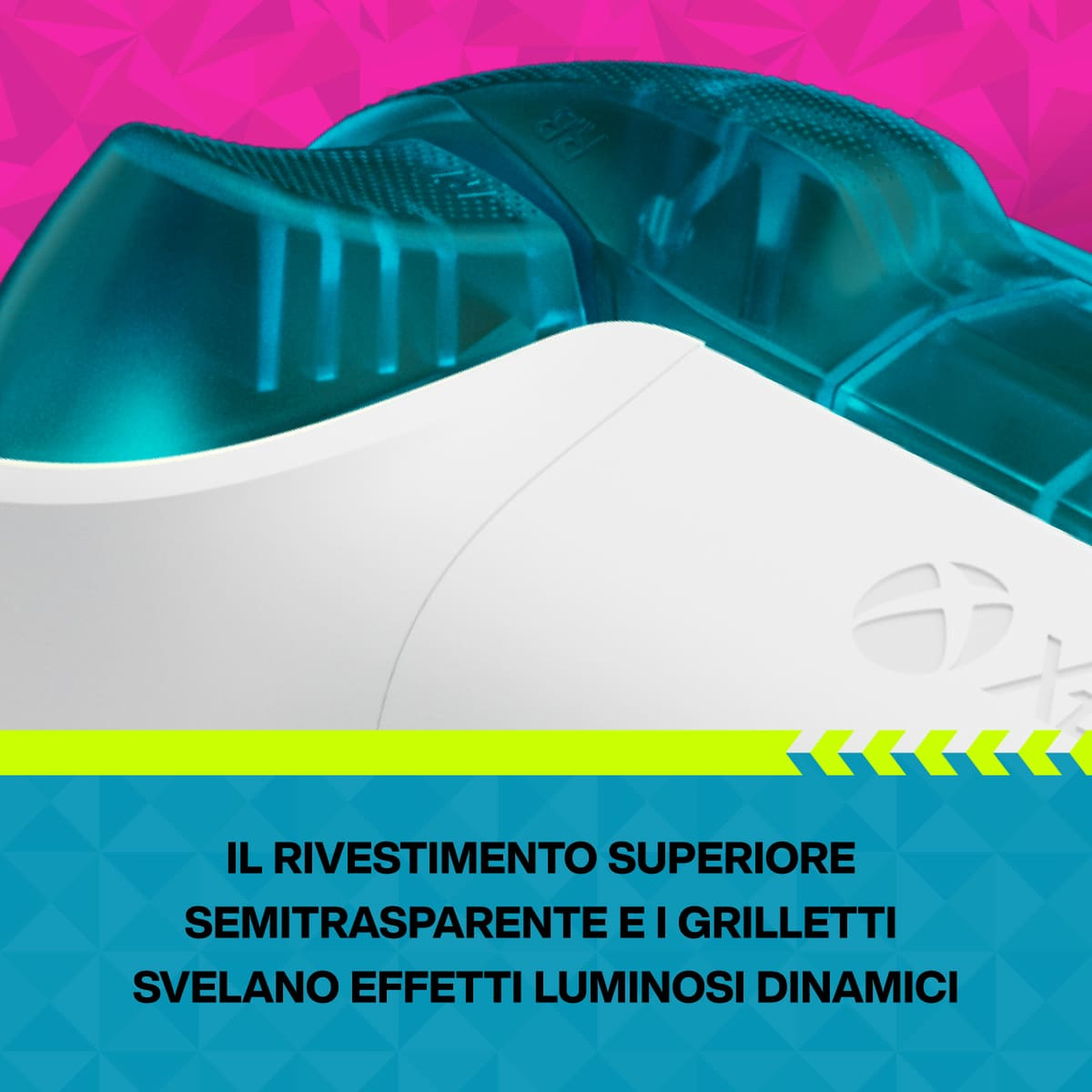 Primo piano di un dispositivo bianco e verde acqua con sfondo geometrico rosa.