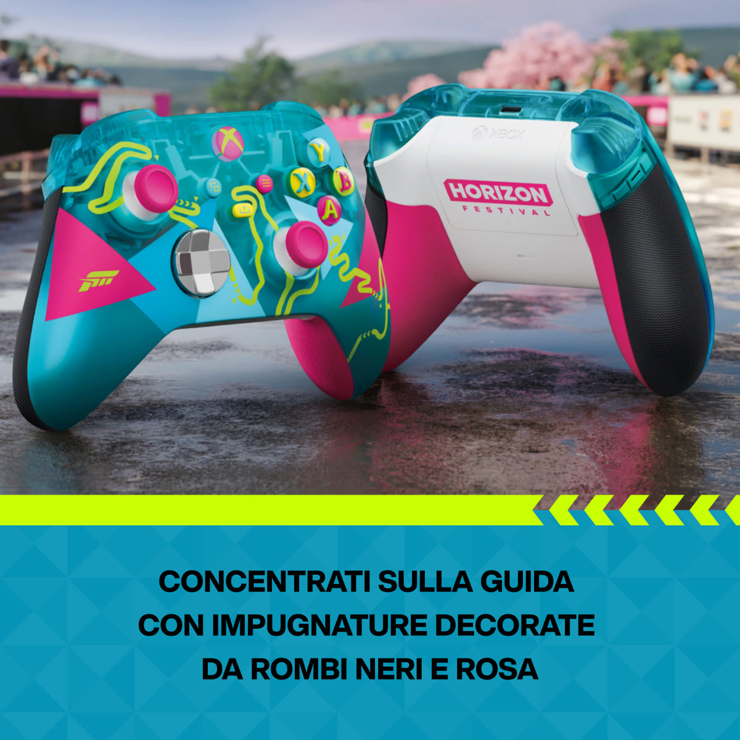 Due controller Xbox con design ciano, rosa e giallo, uno con logo Horizon Festival.