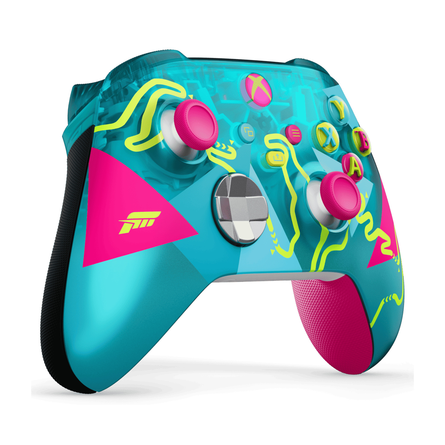 Un controller blu con accenti rosa e gialli, dal design da rally.