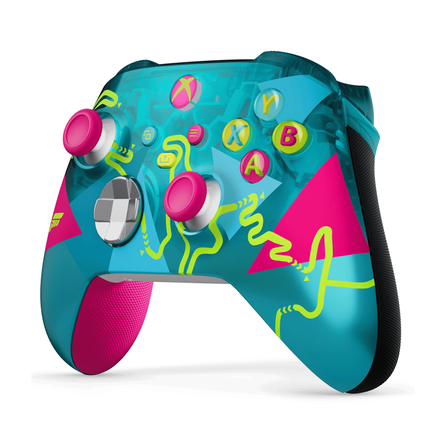 Un controller Xbox blu con accenti rosa e gialli e motivo a strisce da corsa.