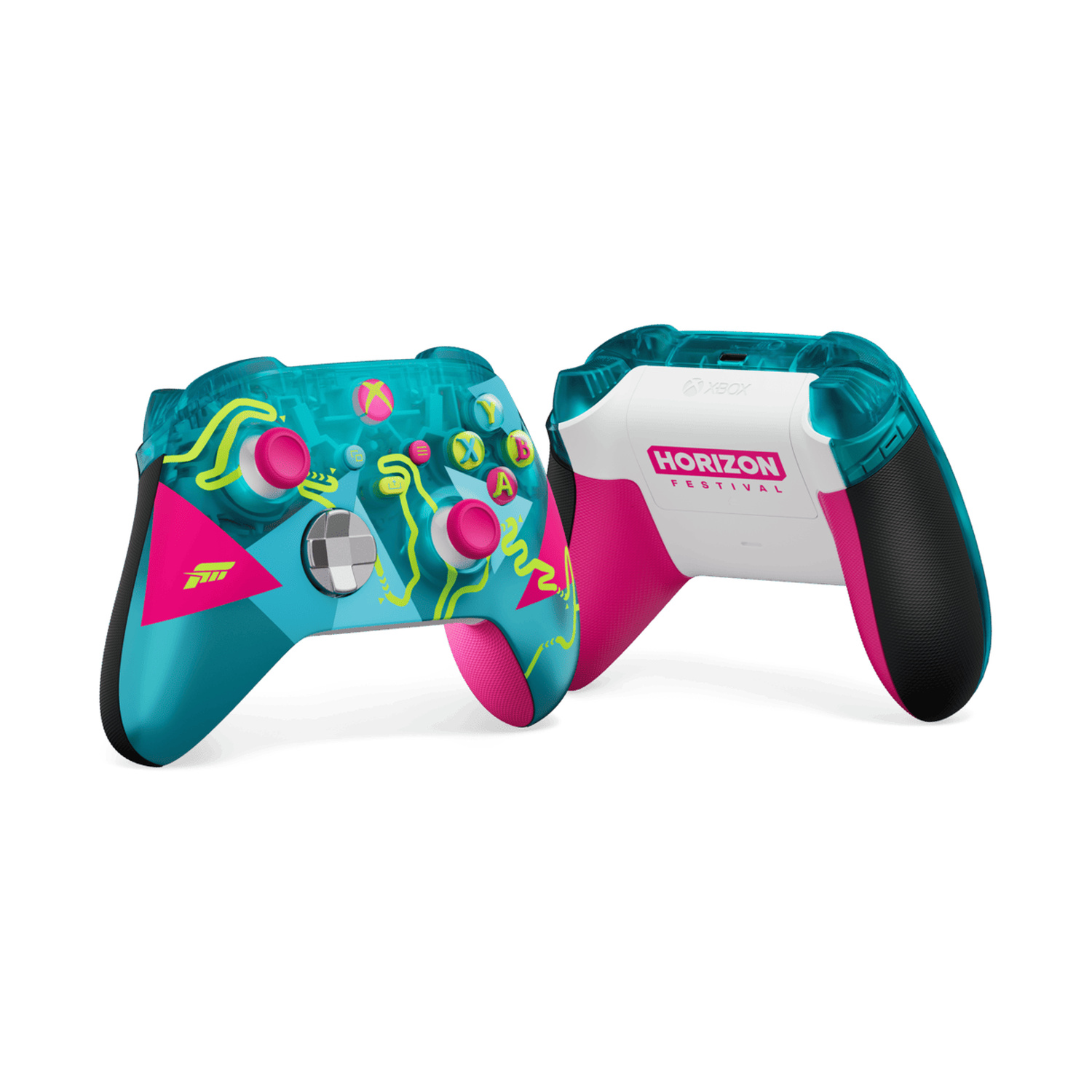 Due controller Xbox con scocca traslucida color ottanio e accenti rosa.