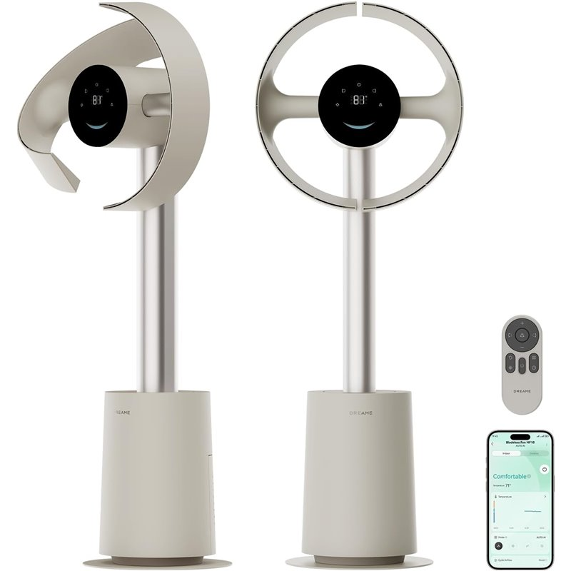 Dos ventiladores sin aspas beige, mando a distancia y teléfono mostrando interfaz de app.