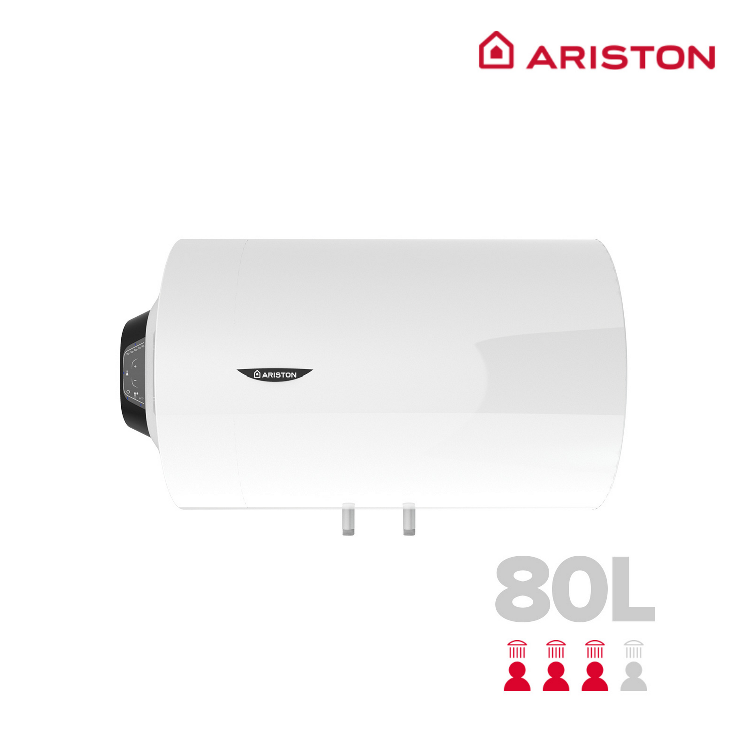 Calentador Ariston blanco, 80L, con 3 iconos rojos y 1 gris de personas.
