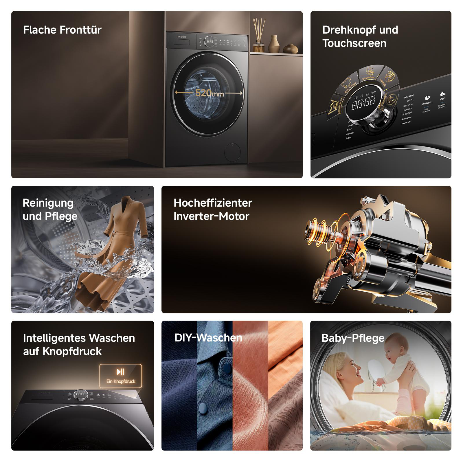 Waschmaschine mit flacher Fronttür, Touchscreen und verschied. Waschprogrammen.