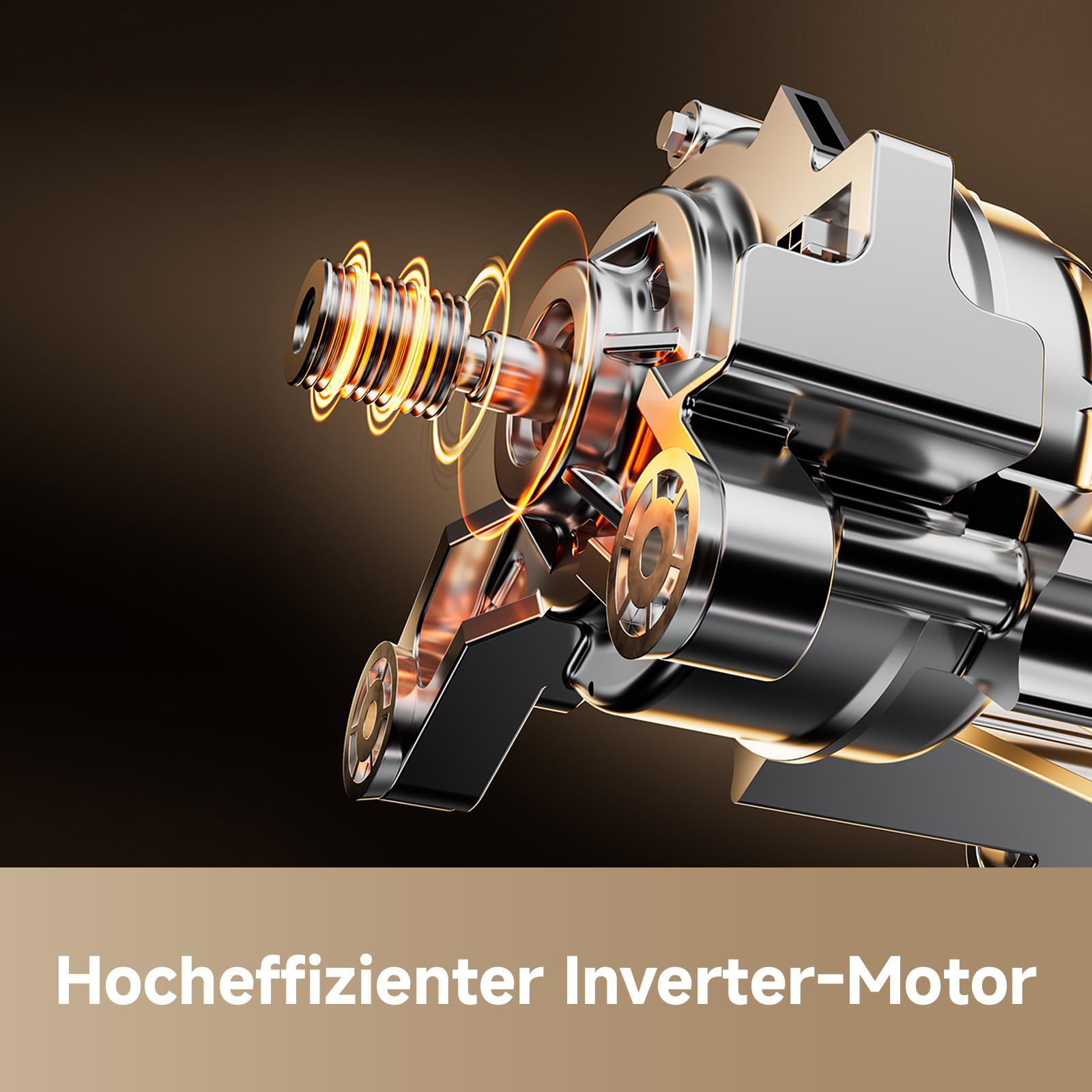 Detailansicht eines silbernen Inverter-Motors mit leuchtend orangen Ringen.