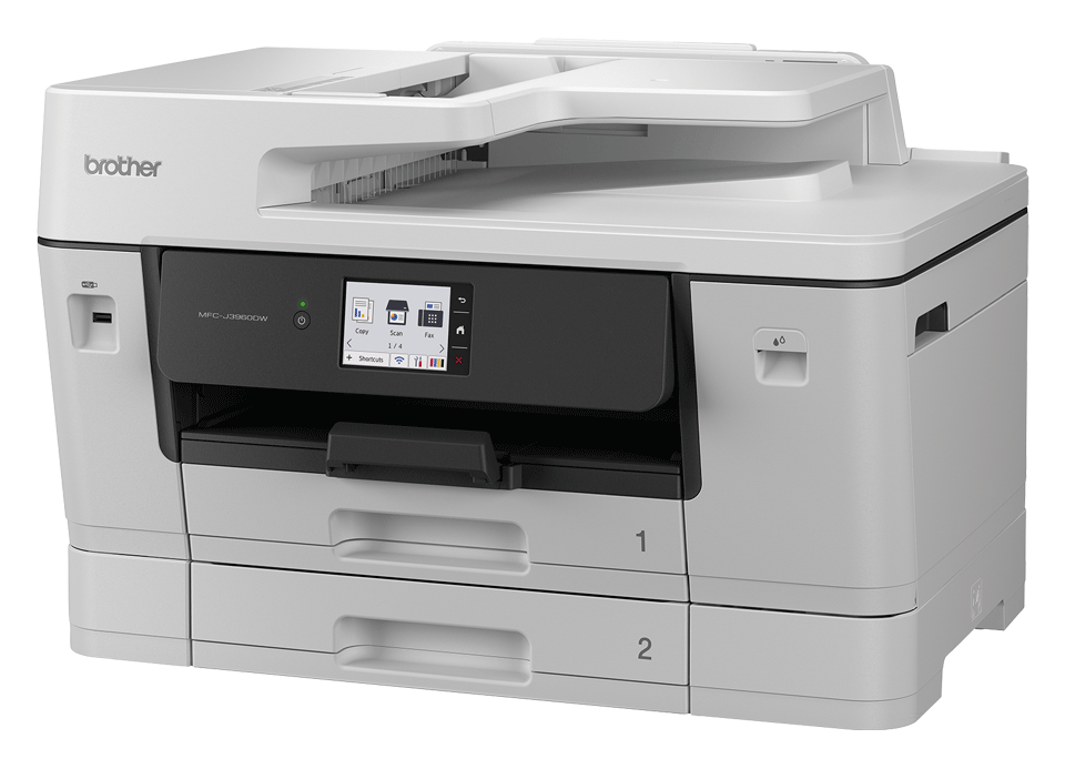 Biała drukarka Brother MFC-J3960DW z dwiema szufladami i ekranem dotykowym.