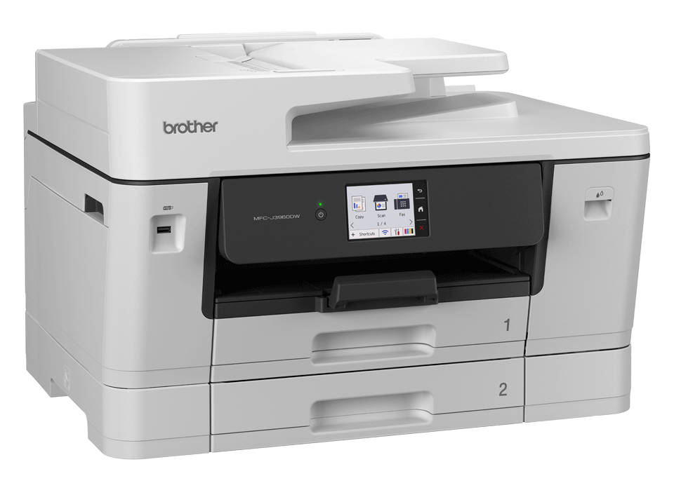 Biała drukarka Brother MFC-J3960DW z dwoma podajnikami papieru.
