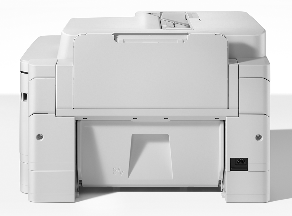 Biała drukarka z tacą na papier i złączem zasilania na białym tle.