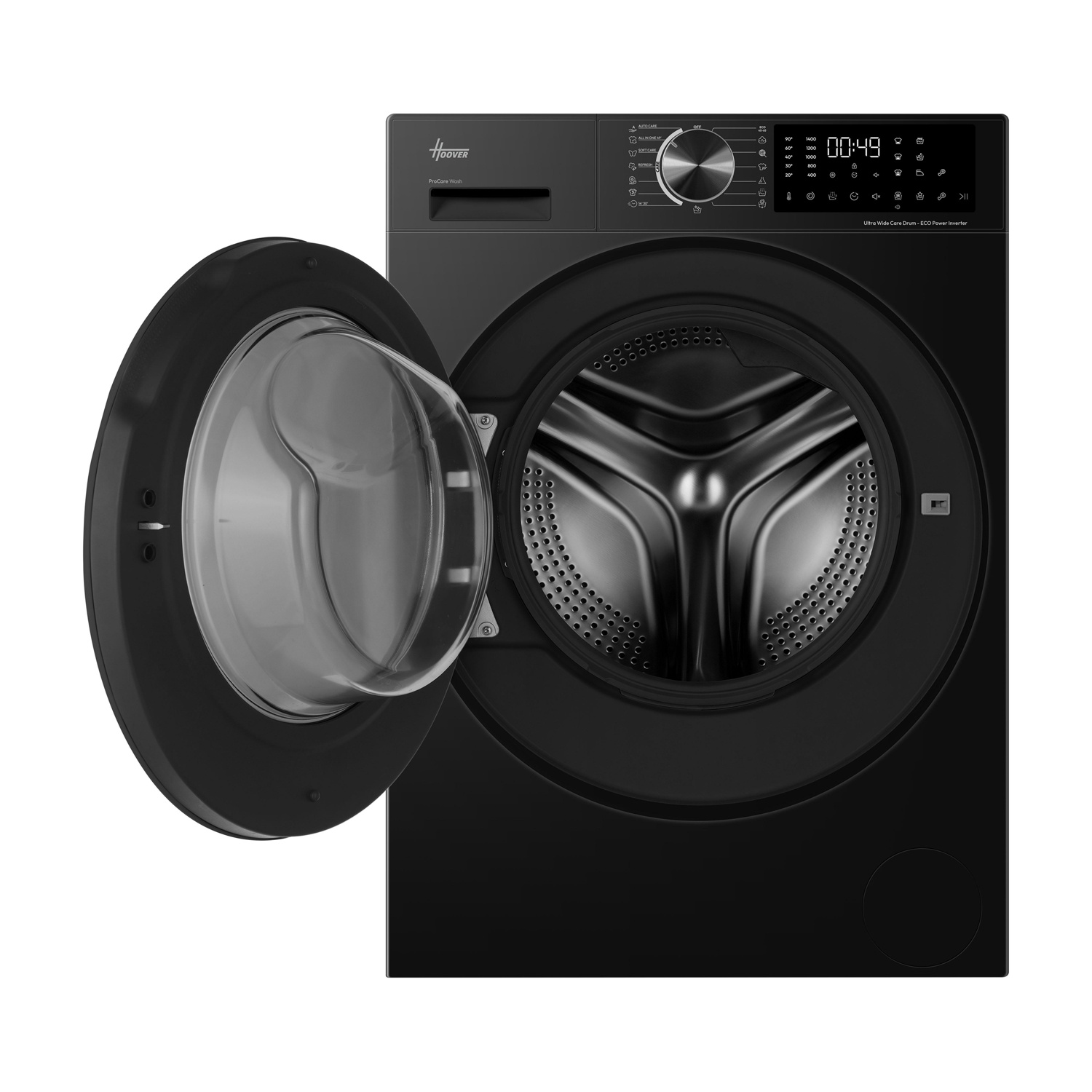 Lavatrice nera con porta aperta e display digitale.