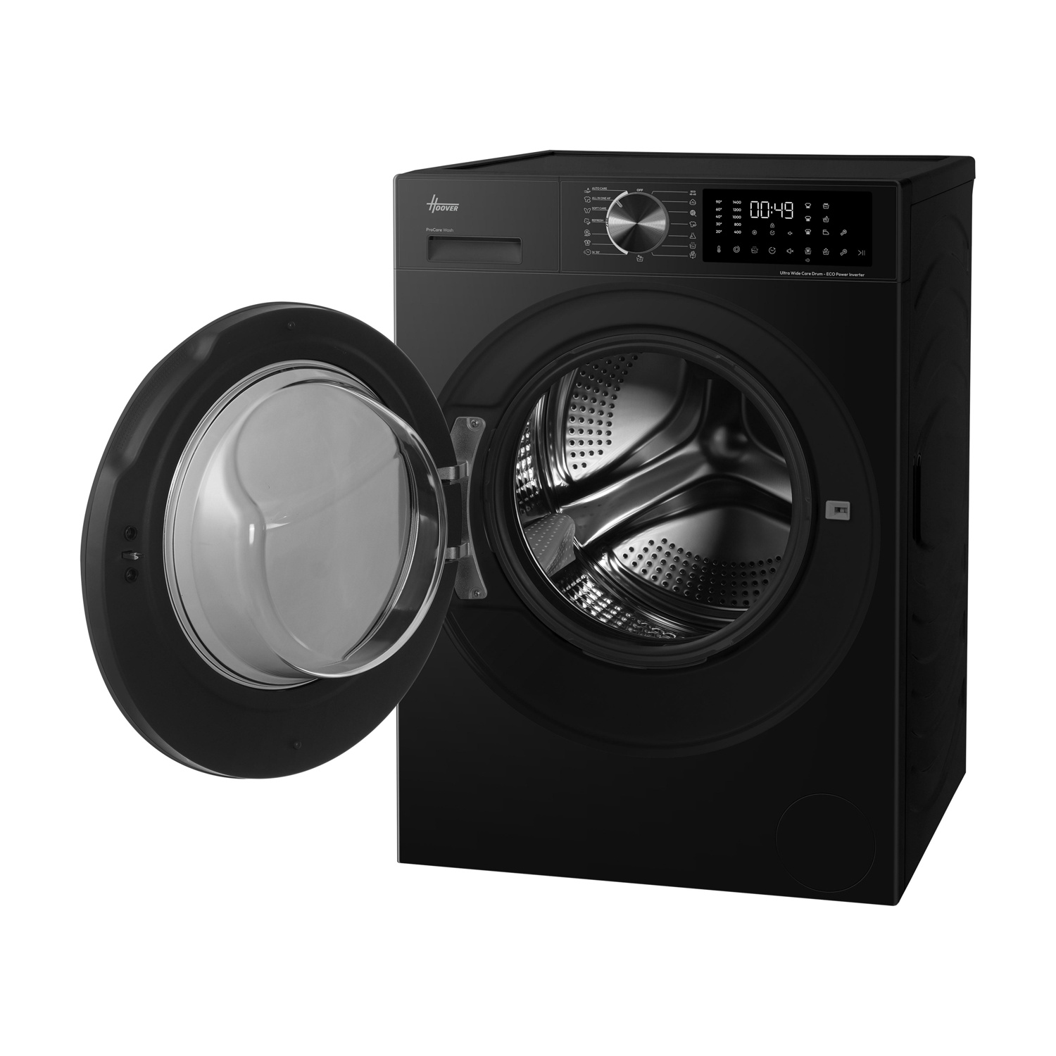 Lavatrice nera con porta aperta e display digitale.