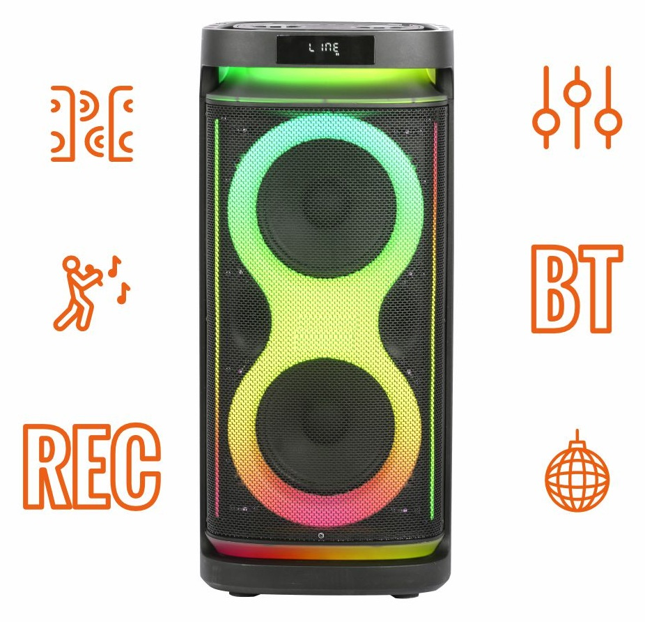 Głośnik pionowy z kolorowymi światłami i ikonami: korektor, mikrofon, nagrywanie, Bluetooth, kula dyskotekowa.