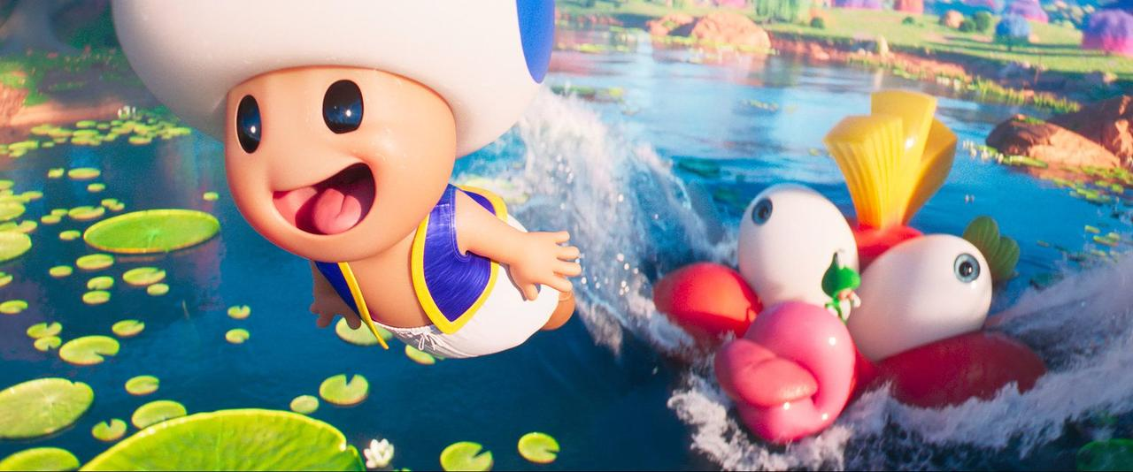 Toad mit blauem Latz und weißer Mütze schwimmt in Wasser mit Seerosen.