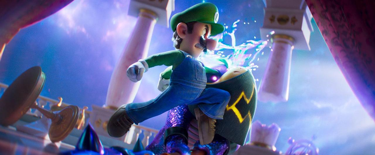 Luigi in Latzhosen rennt mit einem Schild auf einem Drachen, der von magischem Licht umgeben ist.