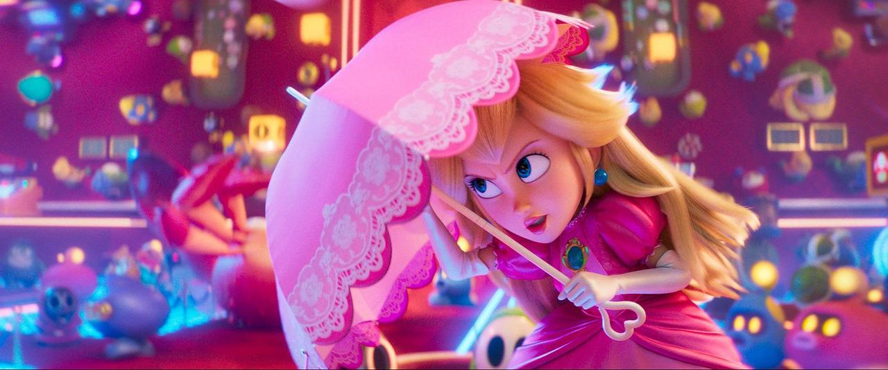 Prinzessin Peach mit einem rosa Schirm in einer bunten, beleuchteten Umgebung.