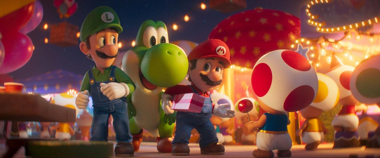 Mario, Luigi, Yoshi und Toad in einer festlichen Umgebung mit bunten Lichtern.