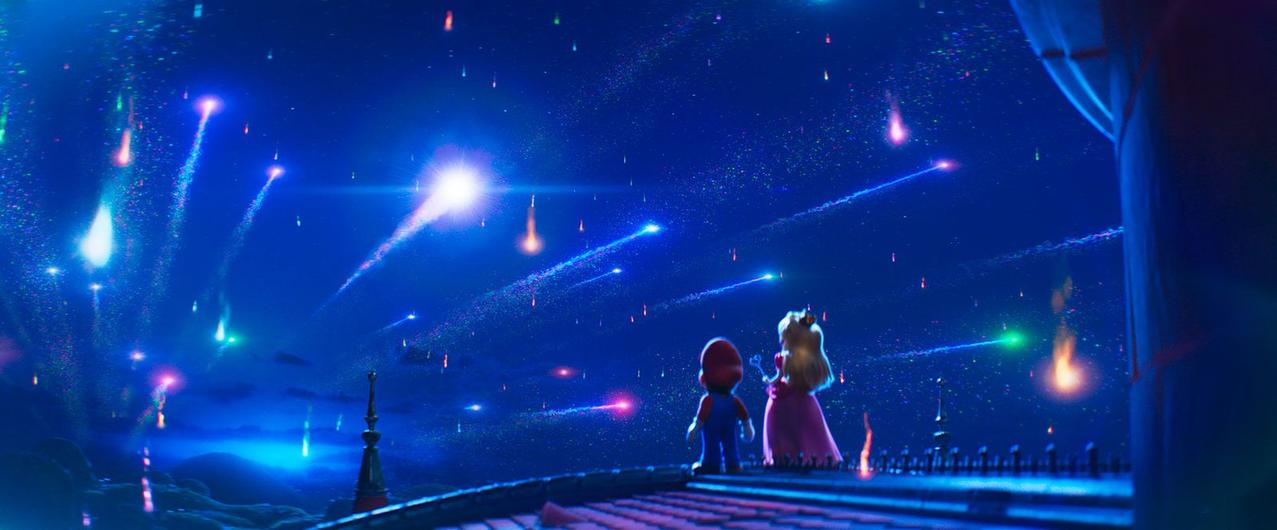 Mario und Peach blicken auf einen Nachthimmel mit Meteoren und Sternen.