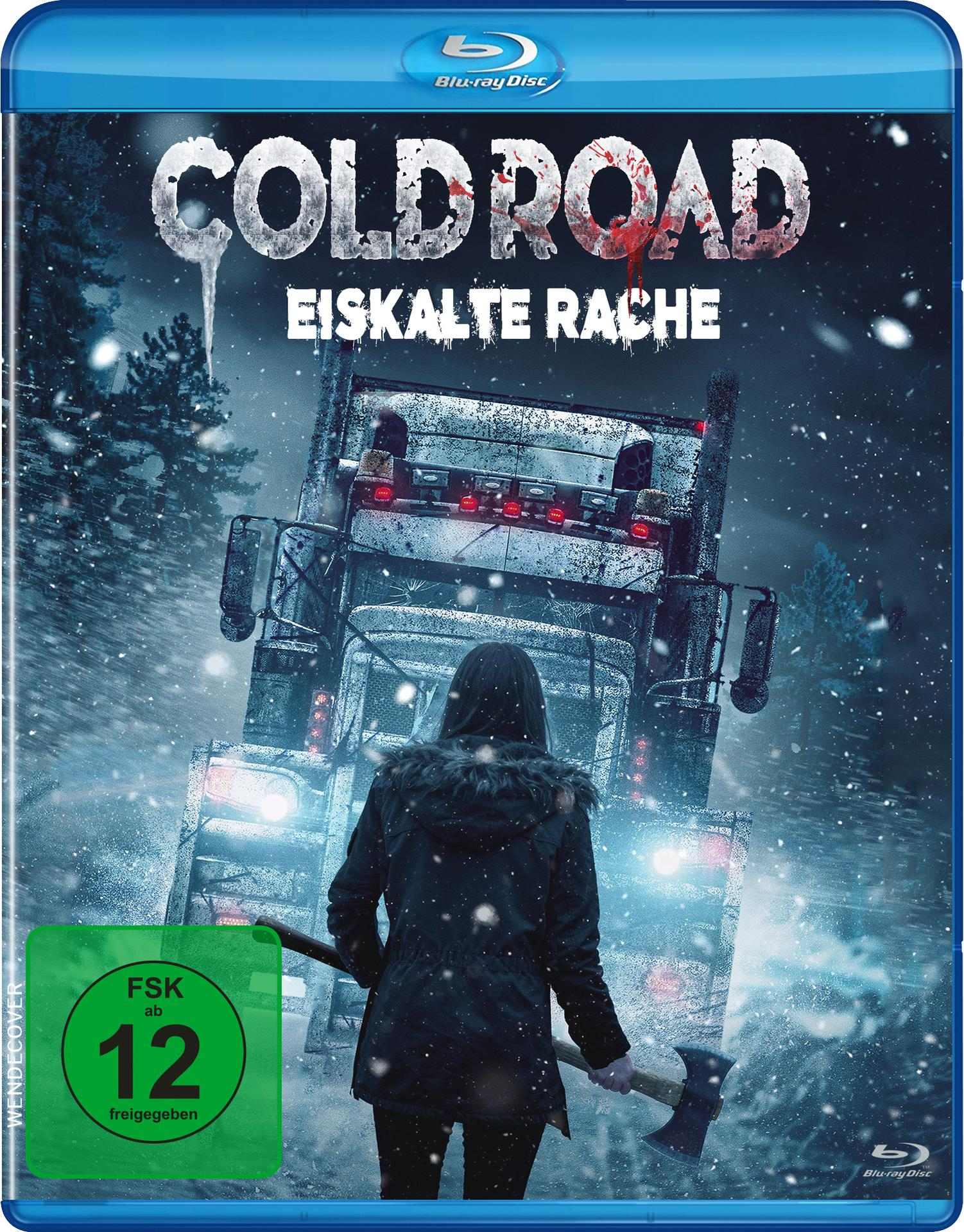 Eine Person mit Axt steht vor einem LKW im Schnee. Titel: COLD ROAD.