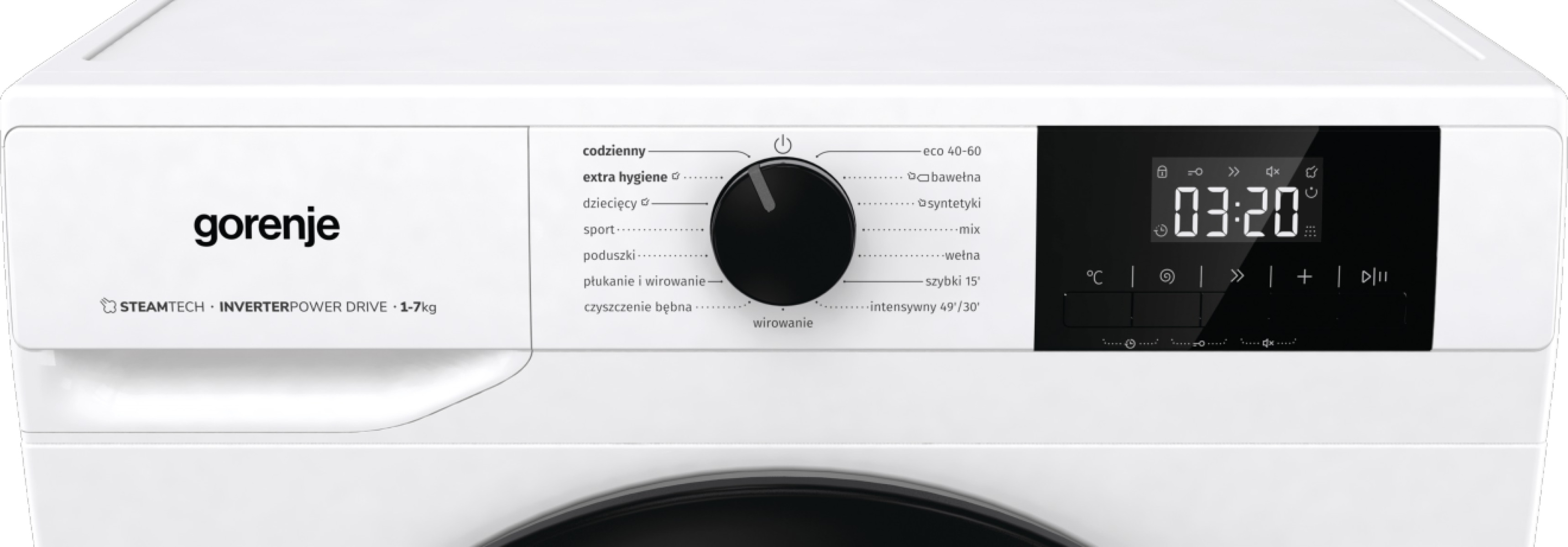 Panel sterowania białej pralki Gorenje z cyfrowym wyświetlaczem i pokrętłem.