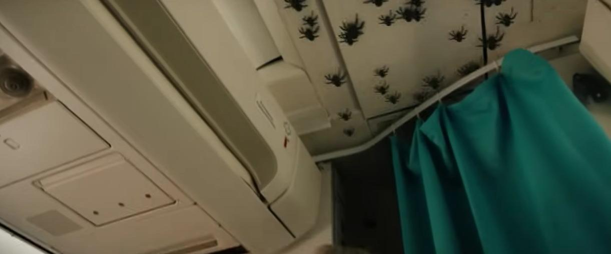 Flugzeugkabine mit Spinnen an der Decke und einem grünen Vorhang.