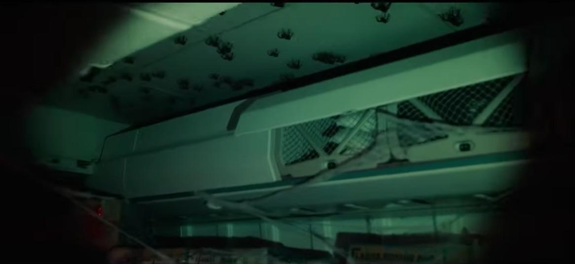 Viele Spinnen krabbeln auf der Decke eines dunklen Raumes, über Gepäckfächern.