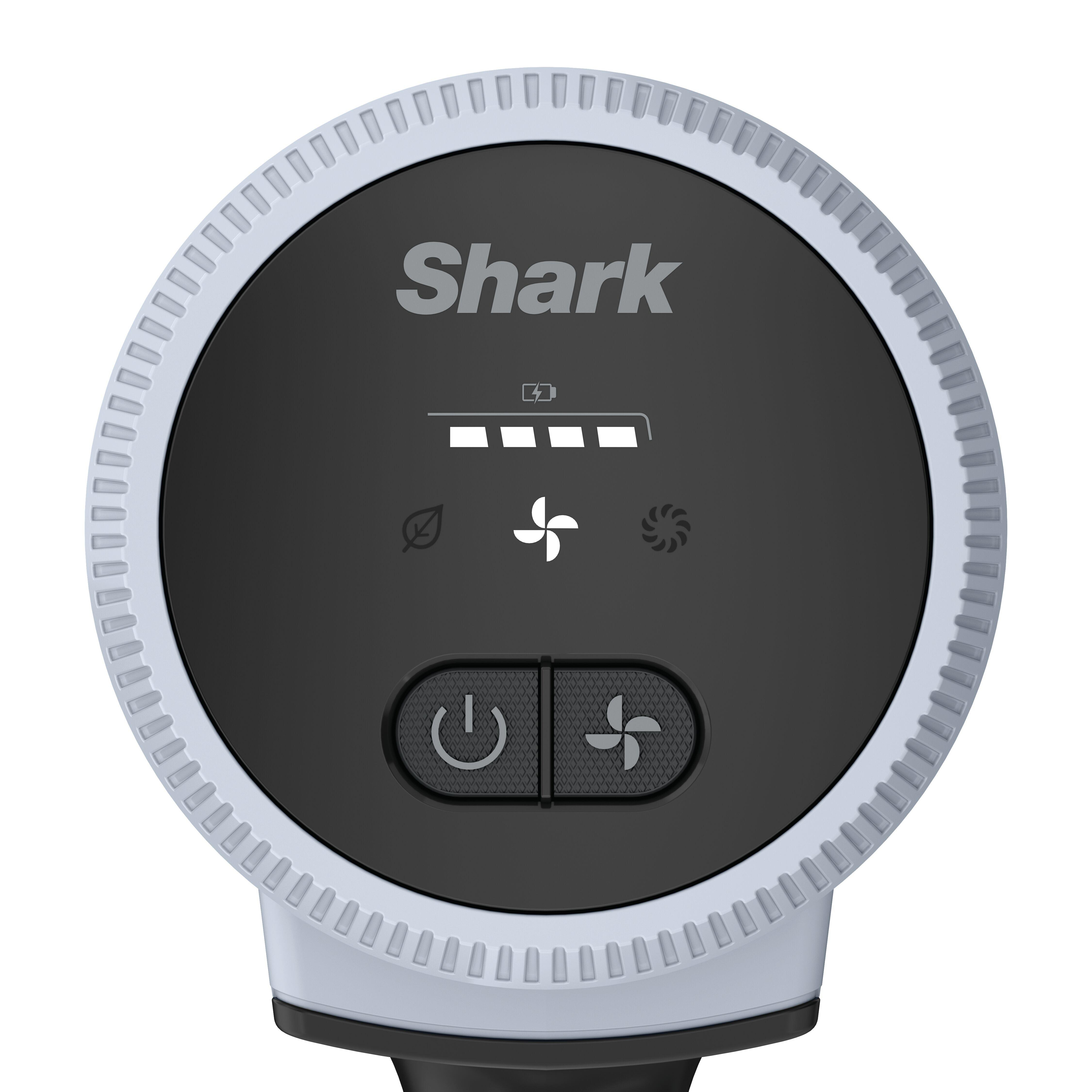 Shark-Logo auf schwarzem Bildschirm mit Akkuanzeige und Bedienelementen.