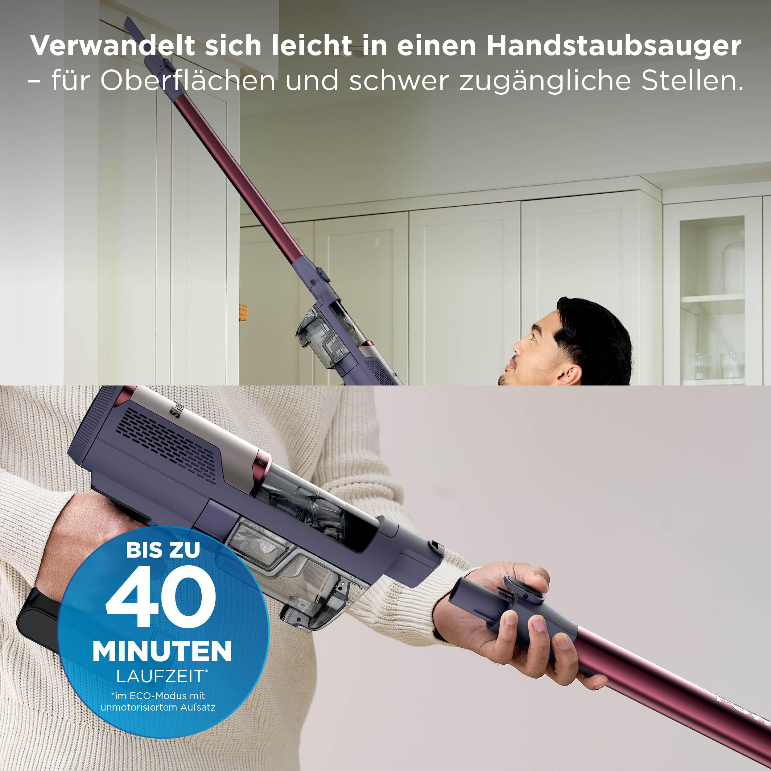 Ein Mann hält einen violetten Handstaubsauger mit einem roten Stiel vor einer Küchenzeile.