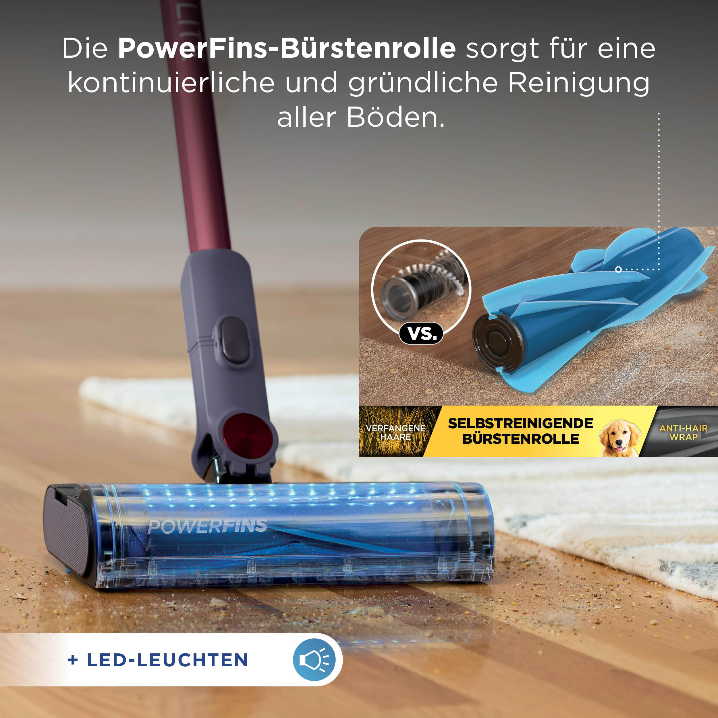 Staubsauger mit PowerFins-Bürstenrolle auf Holzboden, mit LED-Lichtern.