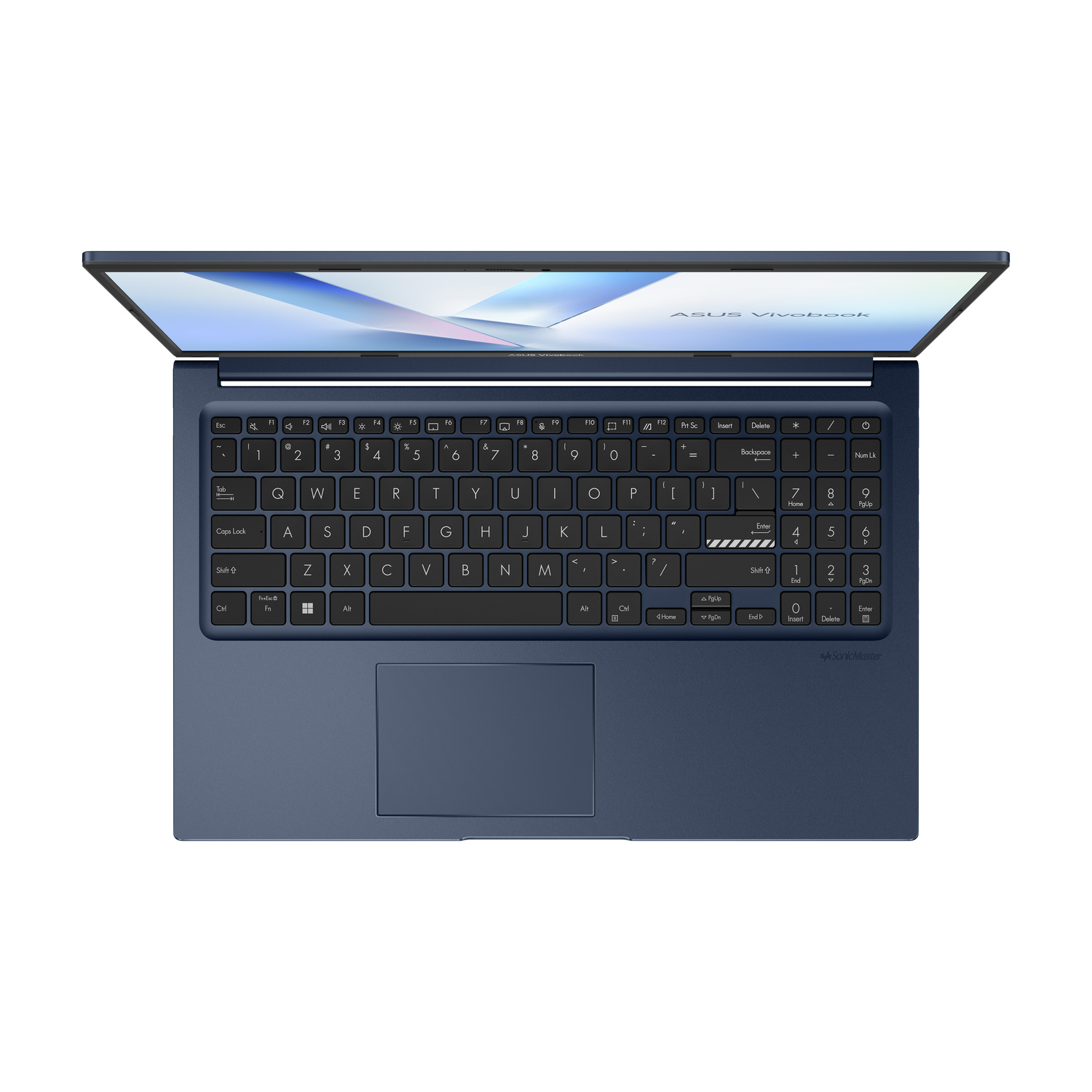 Un laptop ASUS Vivobook blu è mostrato dall'alto, con lo schermo aperto.