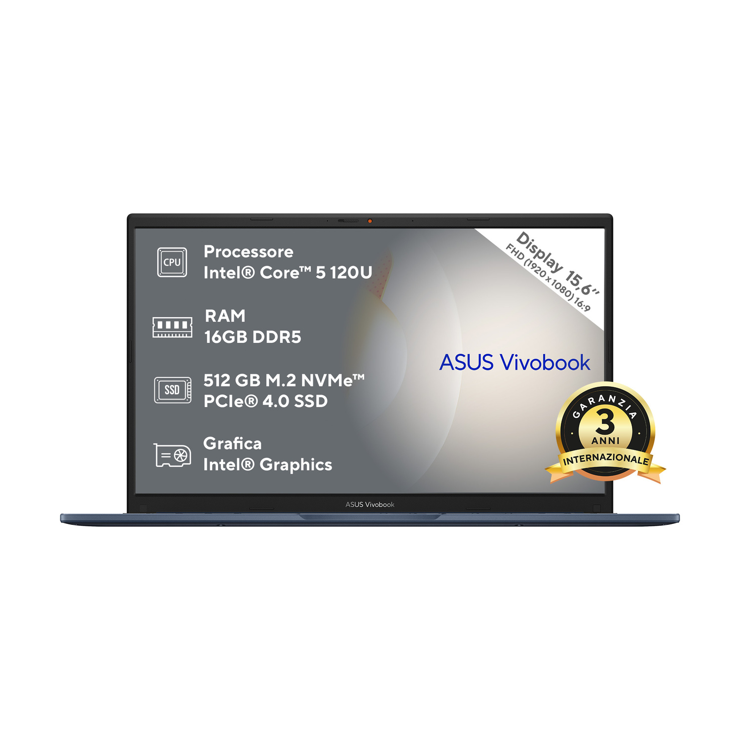 Un laptop ASUS Vivobook blu con Intel Core i5, 16GB RAM, 512GB SSD e display FHD 15,6".