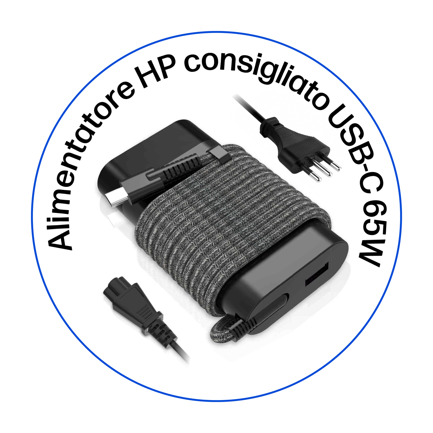 Alimentatore HP USB-C 65W nero con cavo in tessuto grigio e due spine.
