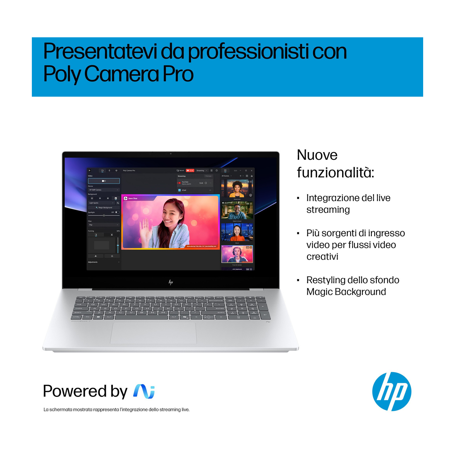 Un laptop mostra il software Poly Camera Pro con più feed video. Testo in italiano.