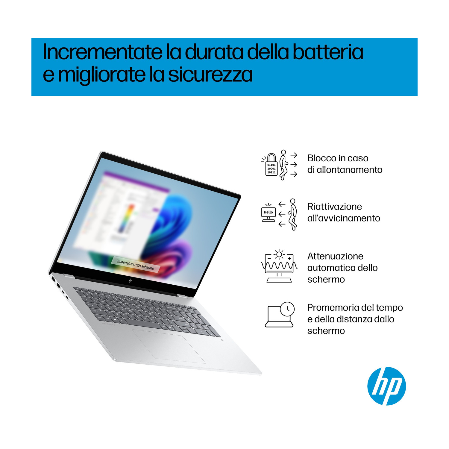 Un laptop con logo HP. Funzioni: Blocco allontanamento, riattivazione avvicinamento, attenuazione automatica, promemoria.
