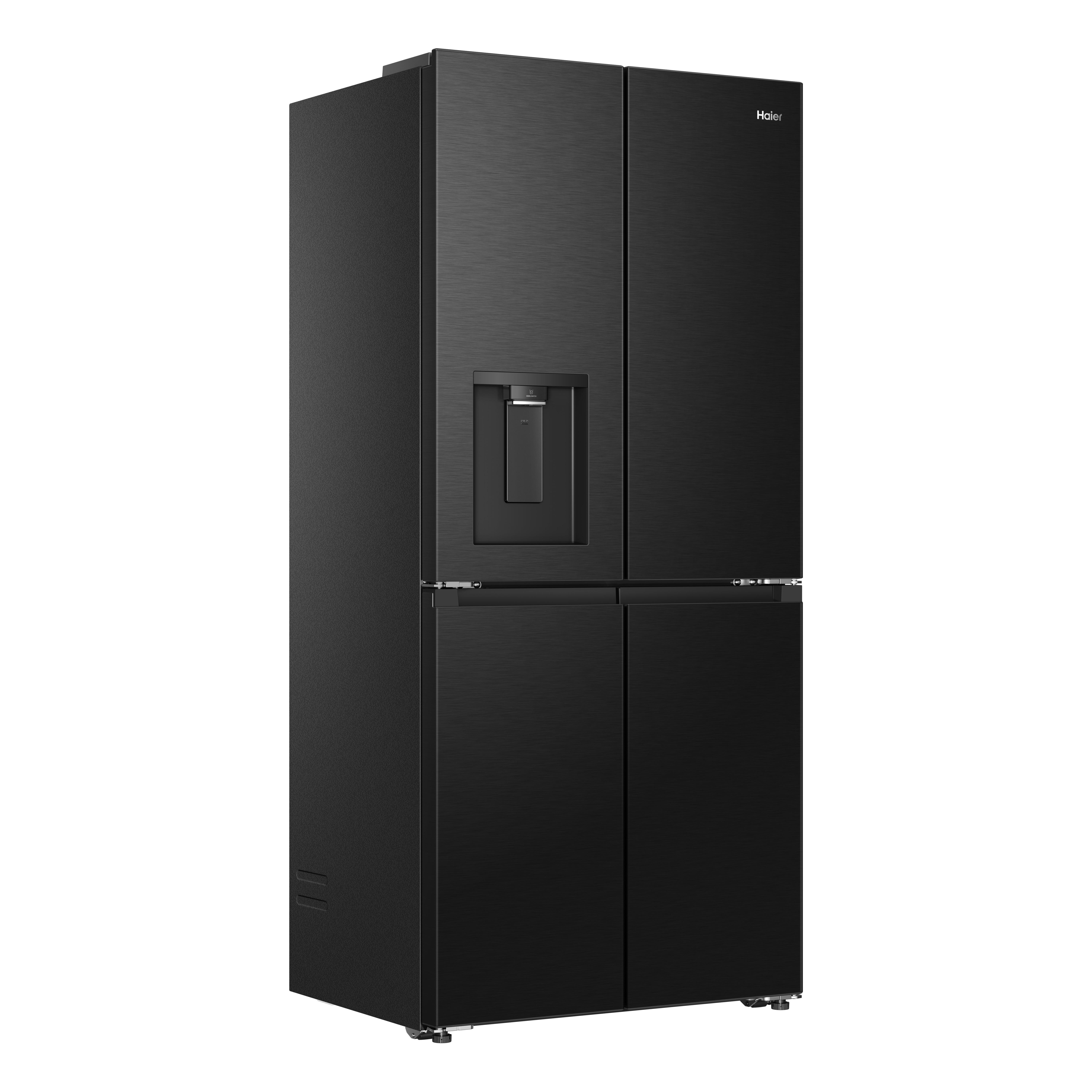 Schwarzer Kühlschrank mit vier Türen und Wasserspender.